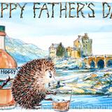 Eilean Donan Castle FATHERS DAY card whisky with the Skillipigs. Greeting card  6 by 4 inch ivory with brown recycled envelope