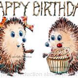 632 HAPPY BIRTHDAY giving cakes. Skillipig greeting card 6 by 4 inch ivory card with brown recycled envelope.