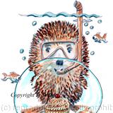 631 diver and cup cake HAPPY BIRTHDAY. Skillipig greeting card 6 by 4 inches with brown recycled envelope.