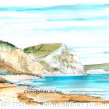Charmouth beach and cliffs watercolour as a 6 by 4 inch greeting card.