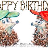 621 HAPPY BIRTHDAY twins boys. Skillipig greeting card 6 by 4 inches with brown recycled envelope.