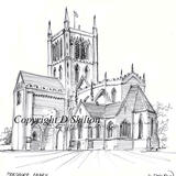 Pershore Abbey pencil drawing as a 6 by 4 inch greeting card.