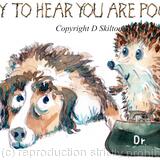 586 SORRY TO HEAR YOU ARE POORLY. Skillipig doctor 6 by 4 inch greeting card with recycled brown envelope.