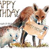 584 hedgehog fox HAPPY BIRTHDAY and on letter. Skillipig 6 by 4 inch greeting card with brown recycled envelope.