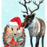 845 Skillipigs Christmas card sack and reindeer. 6 by 4 inch card with brown recycled envelope.