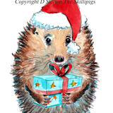 682 holding gift MERRY CHRISTMAS Skillipig 6 by 4 inch Christmas card with brown recycled envelope.