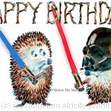 640 Light saber Fight HAPPY BIRTHDAY. 6 by 4 inch skillipig card with brown recycled envelope. 