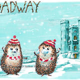 Broadway tower in the snow with Skillipigs.  6 by 4 inch Christmas card with brown recycled envelope.