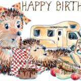 1150 SP camper van and picnic HAPPY BIRTHDAY. Skillipig 6 by 4 inches greeting card with envelope.