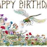 690 HAPPY BIRTHDAY flowers and dragon fly. a 6 by 4 inch Skillipig greeting card with envelope.