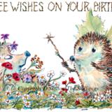 691 THREE WISHES ON YOUR BIRTHDAY Skillipig 6 by 4 inch card with envelope.