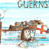 GUERNSEY castle cornet with Skillipig rowing boat. Skillipig Greeting card.