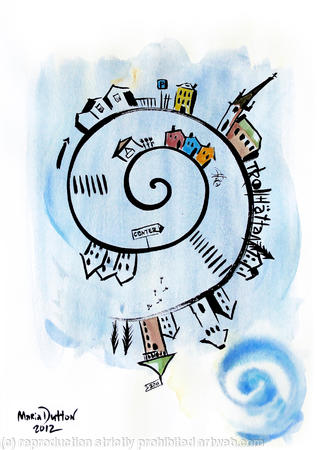 Spiral Houses on Paper. Framed