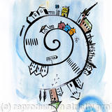 Spiral Houses on Paper. Framed