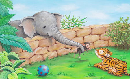 Elephant, monkey and tiger cub