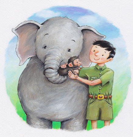 Elephant, baby monkey and zoo keeper (from 'Who Is At The Zoo?' / Chungae Education)