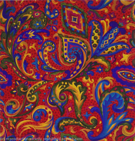 al-over design with red sopt on red b/g