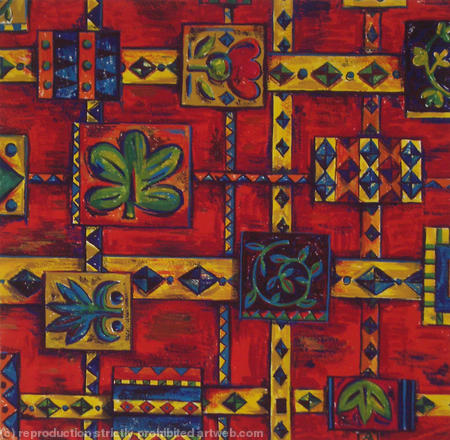 all-over square and grid floraral with red and indigo dry brush b/g