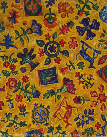 all-over floral with dog and ochre/yellow dry brush b/g 4525