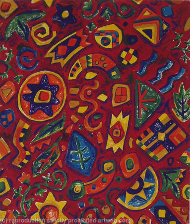 a/o floral and geometric on red with indigo drybrush 4528