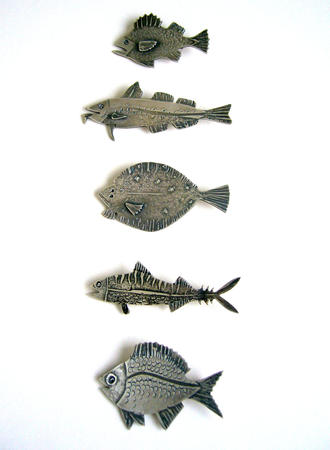 Salt water Fish brooches- Bass, Cod, Plaice, Mackerel, Bream £100