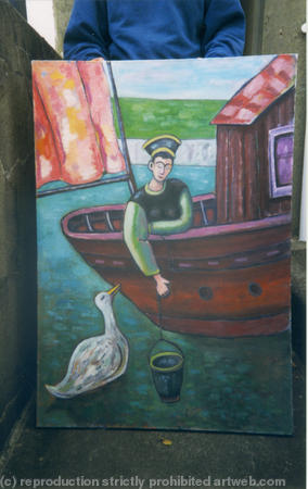 woman, boat and swan