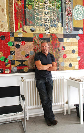 francis convery in studio (in front of 'the joy of text' duns scotus)