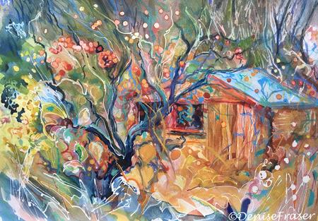 Blackbirds feast, apples and snowberry.