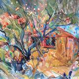 Blackbirds feast, apples and snowberry.