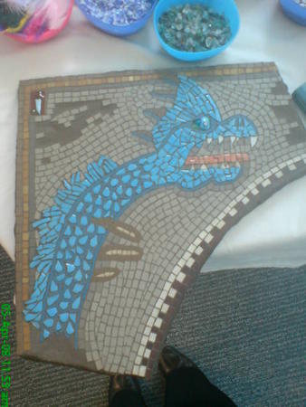 MOSAIC MONSTER  I MADE FOR A COMPETITION BY FISHBOURNE ROMAN PALACE.A child designed a Mythical Beast, and the prize was to have it turned into a  Mosaic.