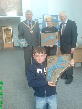 Presenting The Monster Mosaic to Harry, with the Mayor, and David Rudkin, FISHBOURNE ROMAN PALACE.