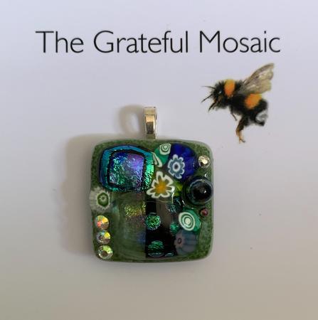 Mosaic magnet pendant green with dichroic glass and millefiori 