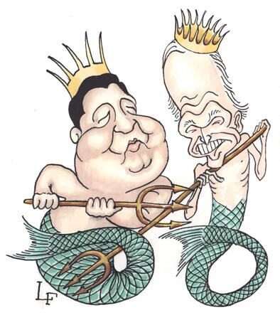 Xi Jinping and Joe Biden as duelling sea gods