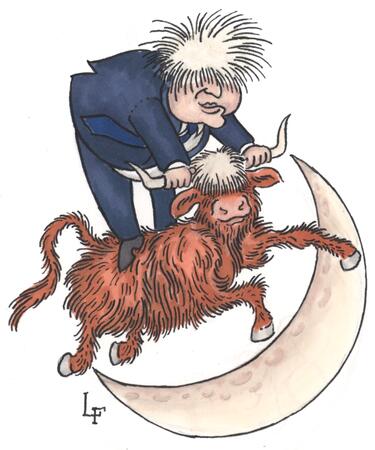Boris Johnson on a cow, jumping over the moon