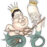 Xi Jinping and Joe Biden as duelling sea gods