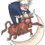 Boris Johnson on a cow, jumping over the moon