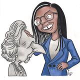 Kemi Badenoch contemplating a bust of Margaret Thatcher