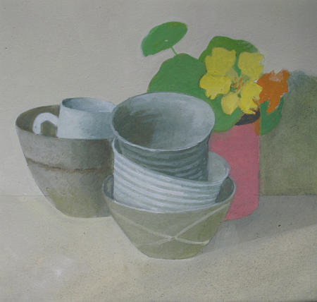 Striped bowls and nasturtiums