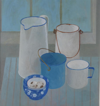 Enamel jug, canisters cup and blue bowl