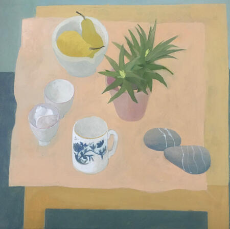 Yellow table with peach cloth