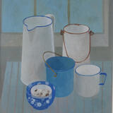 Enamel jug, canisters cup and blue bowl