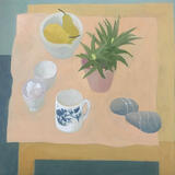 Yellow table with peach cloth