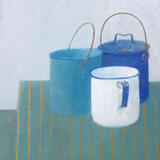 An Enamel Mug and two canisters