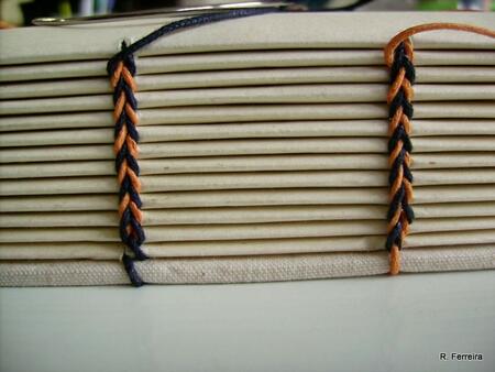 2 needle Coptic with multi coloured thread