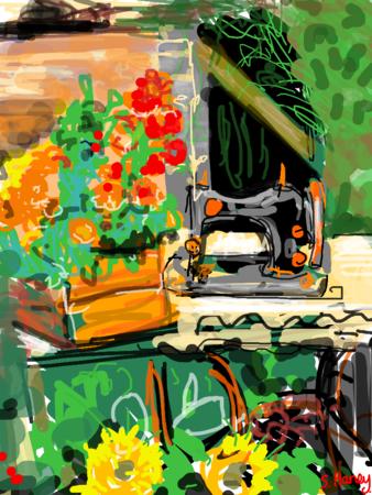 Marigolds and sewing machine 
