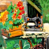Marigolds and sewing machine 