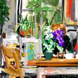 Cafe sketch, behind the flowers