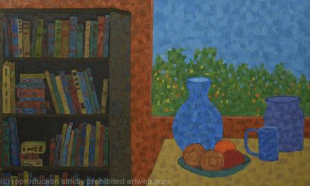 Books and plate with fruit