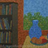 Books and plate with fruit