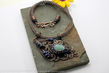 Peacock feather Necklace - Amethyst, Amazonite, Lapis Lazuli and Copper